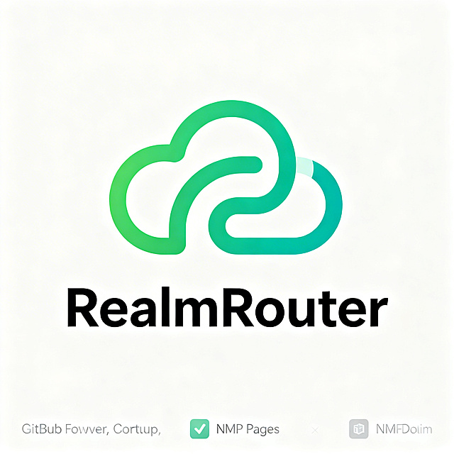 现代简约科技感Logo设计，品牌名：RealmRouter，行业：网络技术与软件开发，定位：专业、可靠、现代化。图形元素为云的创意变形，极简线条构成，不可复杂。主色调绿/青渐变，背景纯白。适合GitHub封面、NPM页面、技术文档网站等场景。字体清晰现代，整体干净利落，不超过3种颜色。