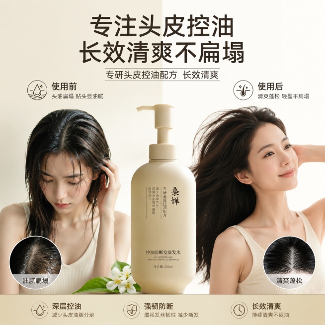 桑婵控油防断发洗发水卖点展示，突出"专注头皮控油配方长效清爽"，场景化表现油头困扰与使用后清爽蓬松的对比痛点共鸣，清新简约专业风格，1:1淘宝主图构图，文案"专注头皮控油 长效清爽不扁塌"预览效果