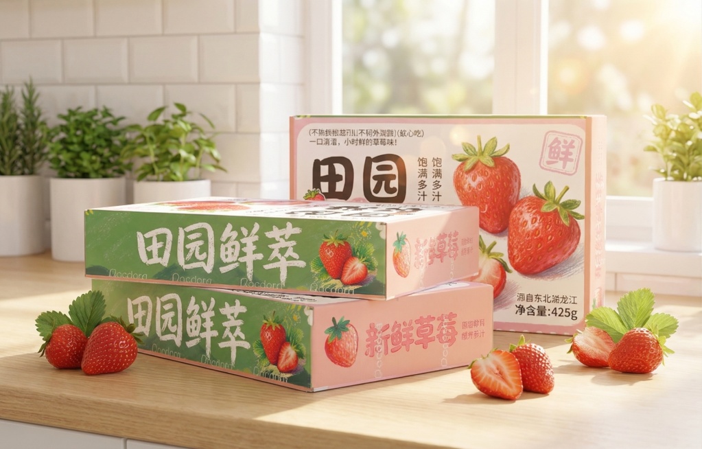 北欧自然风真实场景图，主体是三个草莓包装盒，包装盒放在北欧风厨房的原木色台面上，包装盒的所有图案、文字、比例大小与原始草莓装饰盒设计100%一致，保持Logo和文字原样，保持主体物理结构不变，无变形、预览效果