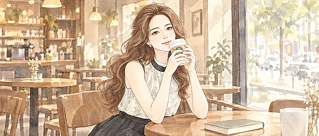 公众号封面图，2.35:1横版比例，水彩插画风格。画面中保留参考图中的中年女性个人IP形象：棕色长卷发、温柔知性的面容、穿着白底带灰色植物花纹的无袖上衣（黑色领口），形象特征与参考图一致。女生是全身像，坐在星巴克咖啡馆内，手中拿着一杯星巴克咖啡正在饮用，姿态放松自然。咖啡馆环境温馨，有木质桌椅、暖黄灯光、窗外街景隐约可见。整体色调为米白、浅棕、暖灰色系，柔和治愈的氛围，光线温暖柔和，水彩手绘质感，笔触细腻，高级感。画面中没有任何文字。