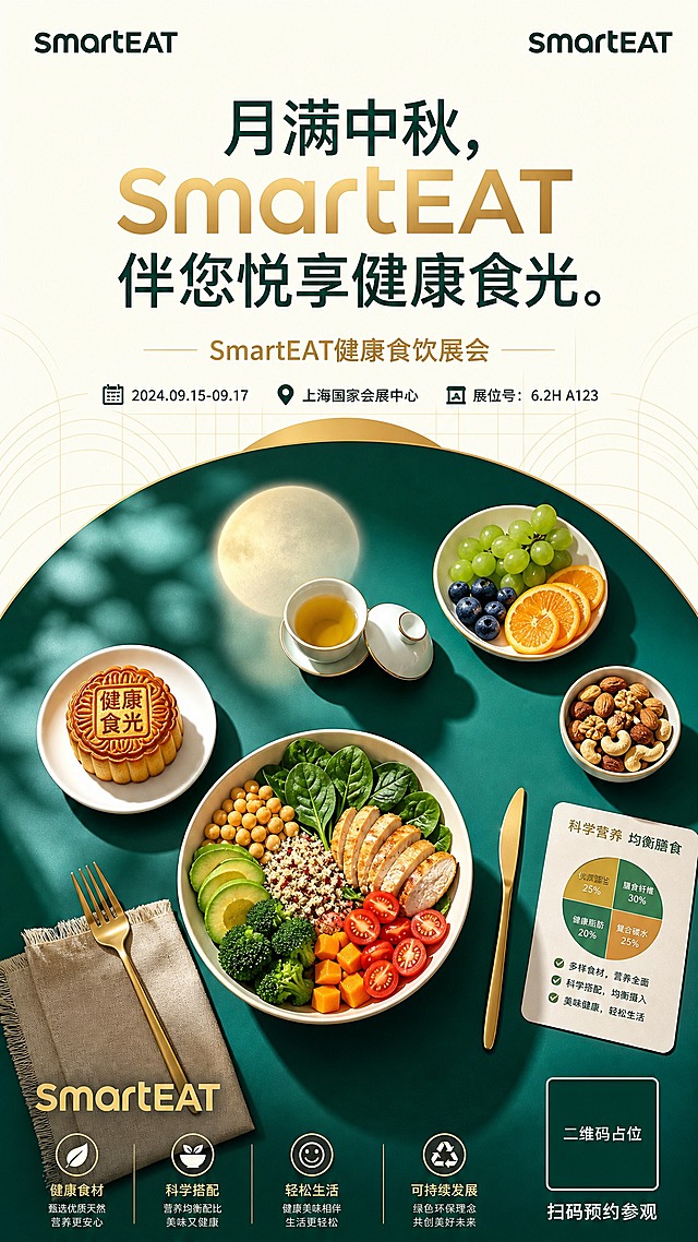 参考图2的版式骨架、配色体系和氛围风格，生成一张SmartEAT健康食饮展会中秋宣传海报。保留参考图的俯视桌面摆盘构图、墨绿色圆形台面、米白色背景、金色线条装饰网格、顶部左右品牌logo布局、柔和自然光与树影斑驳效果、底部品牌标识。将画面内容升级为健康食饮展会主题：桌面上中央是一大碗健康轻食沙拉（包含西兰花、菠菜叶、烤鸡胸肉、藜麦、小番茄、牛油果、水煮蛋、鹰嘴豆、南瓜丁等丰富健康食材），左上方是一块印有'健康食光'字样的中秋月饼，中间上方是一杯清茶和茶盖，右上方是一盘青提蓝莓和橙子切片，右侧是一小碗混合坚果，右下方有一张'科学营养 均衡膳食'的营养信息卡片，左下方有金色叉子和亚麻餐巾，右下方有金色餐刀。桌面中央上方有一轮圆形满月光影效果。主标题文字为'月满中秋，SmartEAT伴您悦享健康食光。'，其中SmartEAT为金色渐变大字，其余为墨绿色，位于画面上方居中。副标题文字为'SmartEAT健康食饮展会'，金色小字，位于主标题下方。副标题下方依次排列三个信息：日历图标+'2024.09.15-09.17'、定位图标+'上海国家会展中心'、展位图标+'展位号：6.2H A123'，均为墨绿色文字。画面底部有四个图标加文字：'健康食材'、'科学搭配'、'轻松生活'、'可持续发展'。右下角有二维码占位符（纯色方块+中央标注'二维码占位'文字），下方文字'扫码预约参观'。整体风格高级简约、商业摄影质感、健康清新与中秋佳节氛围完美融合，版式精美，层次分明，文字清晰可读。画面中所有信息区域必须填充完整合理的内容，不得出现空白框或待填写区域。画面中所有数字必须精确渲染，不得错位、遗漏或编造。