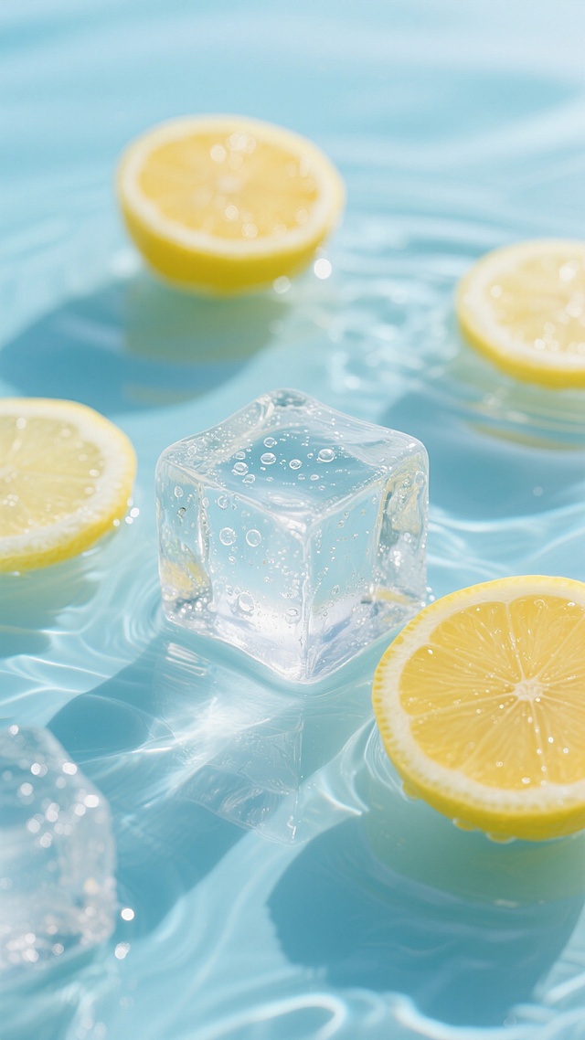 夏日背景，清澈透明的冰块与几片新鲜的柠檬片漂浮在浅蓝色的水面上，冰块棱角分明，表面有细小的气泡，柠檬片色泽鲜亮，果肉纹理清晰，整体画面呈现出清凉、通透的质感，光线柔和，营造出宁静、清爽的夏日氛围，色调以浅蓝色和柠檬黄为主，光影自然，具有高清晰度和细腻的细节表现。