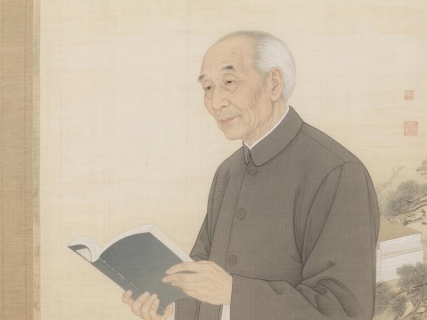 一位穿着中山装的微微侧身老者，目光面向镜头，手持书本，工笔画风格，线条细腻，色彩典雅预览效果