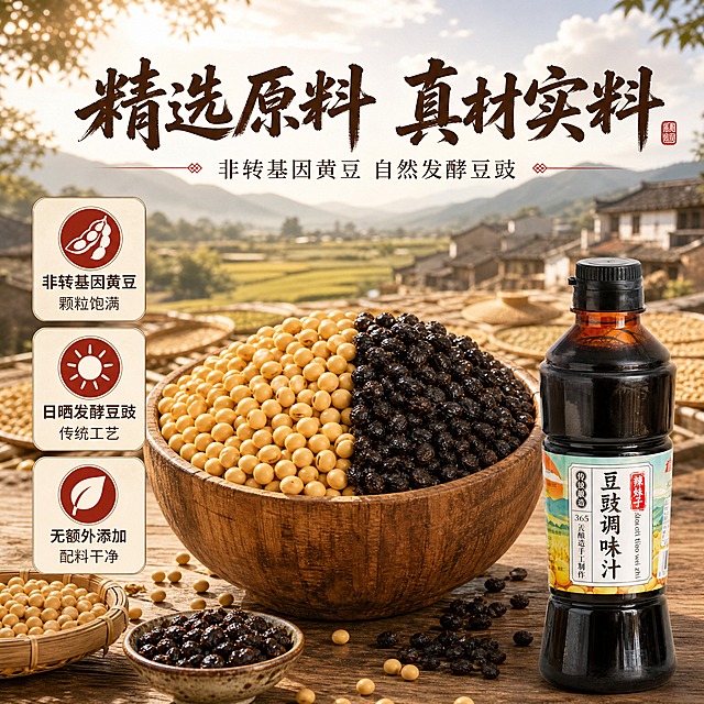 [主图-2] 精选原料真材实料 豆豉调味汁原料溯源主图。
[统一基调] 整体国风暖调乡村田园风格，暖棕米黄色系，自然暖阳柔光，粗笔刷书法大字标题，米白字加深棕字搭配朱红印章式强调字，细宋体辅助文案，圆角米白色信息卡片配朱红图标，木质纹理与乡村田园背景。
[画面] 产品瓶身完整放在画面右下角，占画面约30%，瓶身标签清晰。画面主体是一大木盆，左半部分装满饱满金黄的非转基因黄豆，右半部分装满油亮黝黑的日晒发酵豆豉，木盆纹理清晰，豆子颗粒饱满有光泽，豆豉表面油润。木盆放在木质桌面上散落几颗黄豆和豆豉，旁边放一小竹篮黄豆和一小陶碗豆豉。背景是乡村田园田野风光，远处青山稻田，近处晒场上竹编晒着黄豆，传统村落房屋，蓝天白云远山如黛，营造产地溯源真实感。左侧竖排三个信息卡片，分别对应三个卖点。
[光影质感] 自然暖阳顶侧光，暖金色光线洒下，黄豆颗粒通透有光泽，豆豉表面油亮反光，木盆纹理清晰，产品瓶身有柔和高光，整体温暖真实，商业摄影高清质感，背景适度虚化。
[配色] 主色调暖棕米黄，黄豆金黄，豆豉深褐油亮，强调色朱红，背景浅米黄带纸纹，整体暖调统一。
[文字版式] 上方主标题用粗笔刷书法体"精选原料 真材实料"，深棕色大字居中，下方细宋体副标题"非转基因黄豆 自然发酵豆豉"，深褐色小字，中间配朱红小装饰。左侧三个竖排圆角米白信息卡片，配朱红色圆形图标，分别写"非转基因黄豆 颗粒饱满""日晒发酵豆豉 传统工艺""无额外添加 配料干净"，卡片文字清晰有细边框。文字不遮挡产品主体，放在负空间。
[输出要求] 1:1正方形比例，文字清晰可读，产品清晰锐利，无变形错字模糊杂乱水印平台logo，禁止绝对化用语，商业摄影真实质感。