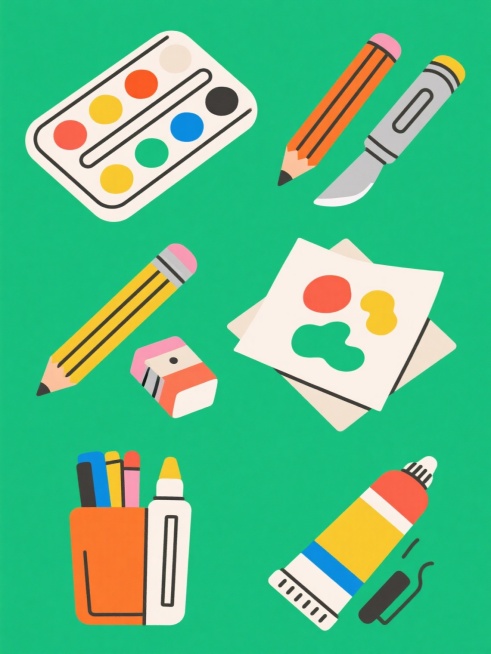 一套6个完全不同的绘画工具插画集合，保持与原图一致的扁平风格，采用鲜艳明快的配色方案，统一的粗线条描边，简洁的造型和清晰的轮廓，每个元素独立展示在纯色背景上并规整排布，包括水彩颜料盒、铅笔与卷笔刀、调色刀、画纸与橡皮、马克笔套装、油画颜料管。预览效果