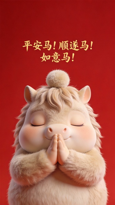 OC渲染，毛茸茸的画面，图片上方一行写着：“平安马！顺遂马！如意马！”，金色小毛笔字体，线条圆润柔和。一只胖乎乎的可爱马头像，拟人化造型，闭着双眼，双蹄轻抵额头呈祈祷姿态，头顶立小巧绒球，极简主义风格预览效果