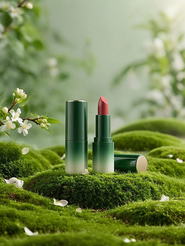 主体置于绿色起伏错落的青苔上，背景虚化绿植，底部散落花瓣，光影效果，左侧伸出茉莉花花枝