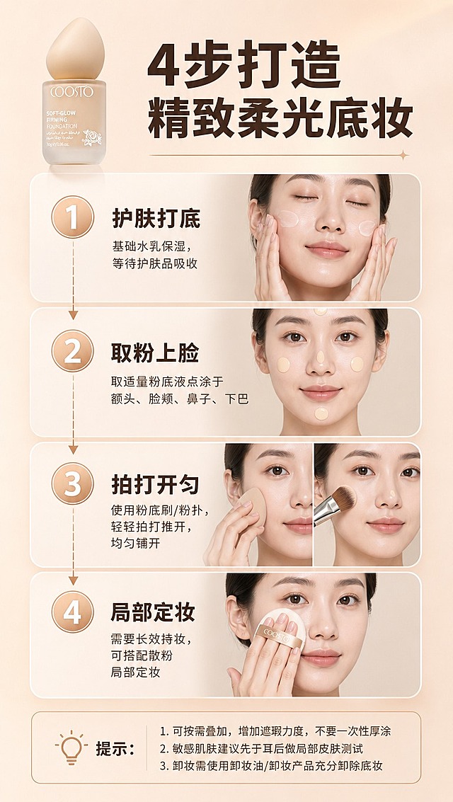 [商品] 使用【图1】COOSTO 光感柔润粉底液，保留磨砂玻璃瓶身、水滴形粉扑盖、COOSTO Logo、产品颜色和结构；产品处理：增强质感，不改变外观。
[画面] 使用步骤页，目标展示4步打造柔光底妆的完整流程；画面采用纵向4步流程布局，从上到下依次排列：第1步「护肤打底」（水乳涂抹示意）、第2步「取粉上脸」（粉底液点涂额头脸颊鼻子下巴示意）、第3步「拍打开匀」（粉扑/粉底刷拍打推开示意）、第4步「局部定妆」（散粉定妆示意）；左侧或顶部放置产品小图；底部为提示信息区；背景为裸杏色渐变，搭配简洁几何线条引导阅读动线。
[视觉] 套系策略：风格=高级美妆商业摄影，柔光奶油质感；标题字=现代无衬线粗体（思源黑体Heavy）；正文字=简洁无衬线体（思源黑体Regular）；主色=裸杏色/奶茶色；背景延展=裸杏色深浅渐变、同色几何块面、细腻磨砂/纸张质感；强调色=玫瑰金/暖金色，仅用于步骤编号、引线、标签描边；标题色=深棕咖色；正文色=中暖棕色；组件=圆形步骤编号、圆角步骤卡、细线箭头引导；光影=柔和漫射光，均匀明亮。
[文字] 顶部大标题：4步打造精致柔光底妆；4个步骤（配大号圆形编号）：1.护肤打底：基础水乳保湿，等待护肤品吸收 2.取粉上脸：取适量粉底液点涂于额头、脸颊、鼻子、下巴 3.拍打开匀：使用粉底刷/粉扑，轻轻拍打推开，均匀铺开 4.局部定妆：需要长效持妆，可搭配散粉局部定妆；底部提示区（浅色底框）：提示：1.可按需叠加，增加遮瑕力度，不要一次性厚涂 2.敏感肌肤建议先于耳后做局部皮肤测试 3.卸妆需使用卸妆油/卸妆产品充分卸除底妆；文字全部横向排版，步骤清晰，手机端可读。
[规格] 图片比例9:16竖版，4K分辨率，避免变形、错字、文字过小、竖排文字、医疗功效承诺。