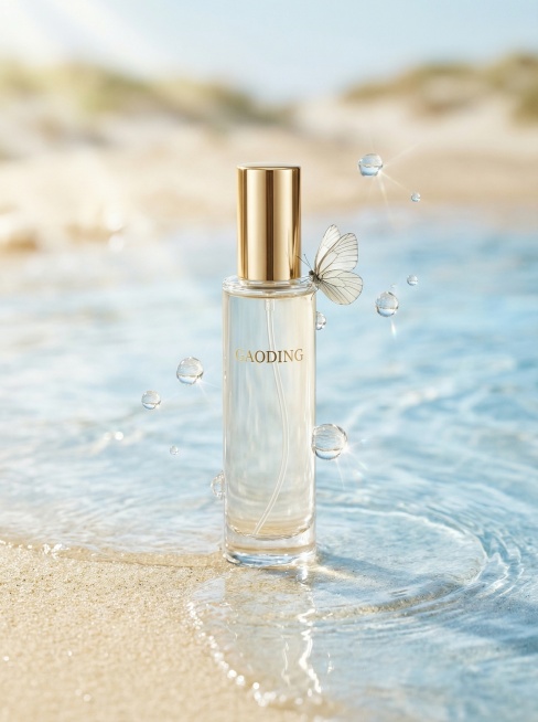 高端电商香水瓶静物摄影海报，主体为GAODING牌简约透明玻璃香水瓶，纤细瓶身，金色金属瓶盖，瓶身印"GAODING"品牌LOGO与文字，瓶身清澈通透；产品置于浅滩湿沙滩上，周围环绕清澈流动的水面与柔预览效果