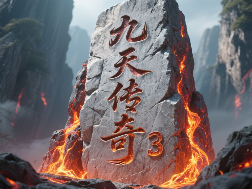 一座通天石碑，上面刻着几个苍劲书法大字“九天传奇3”，气势磅礴，字是由岩浆构成，字体凹进石碑，其中有岩浆流动预览效果