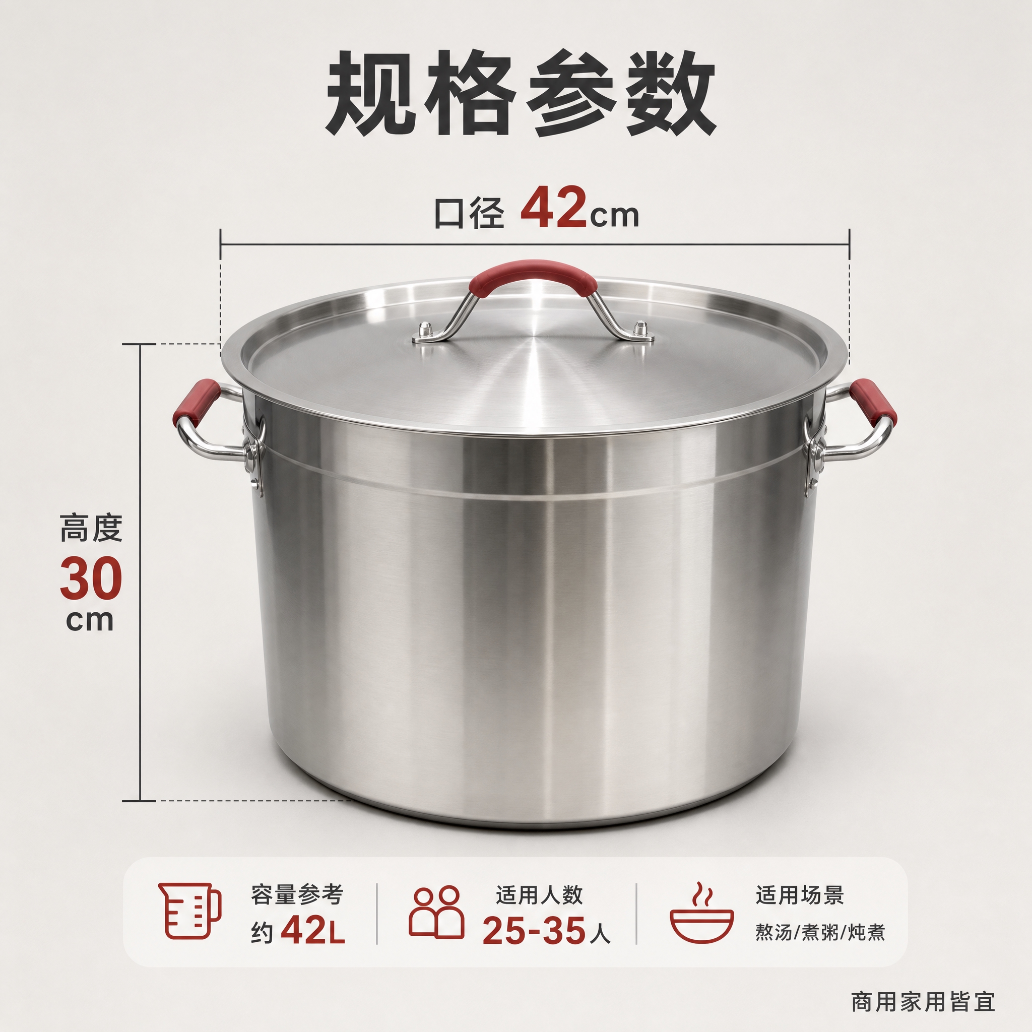 [主图-3] 不锈钢汤桶规格尺寸图，清晰标注口径与高度参数，辅… - 图片创意预览