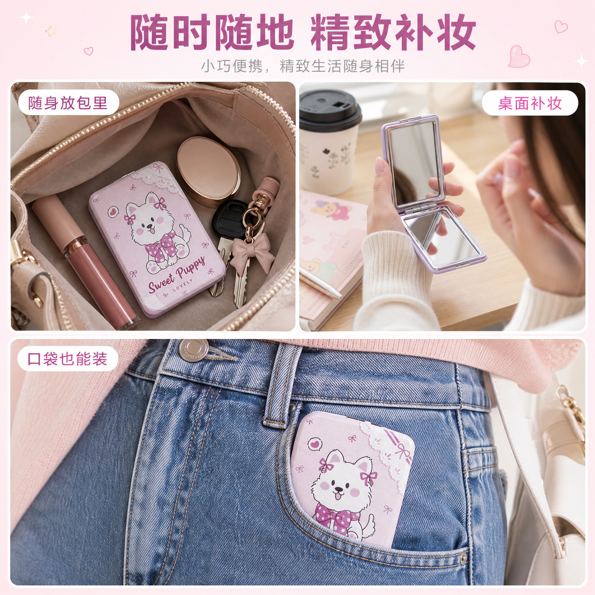 [主图-4] 真实使用场景与便携性展示，体现化妆镜在日常生活中… - 图片创意预览