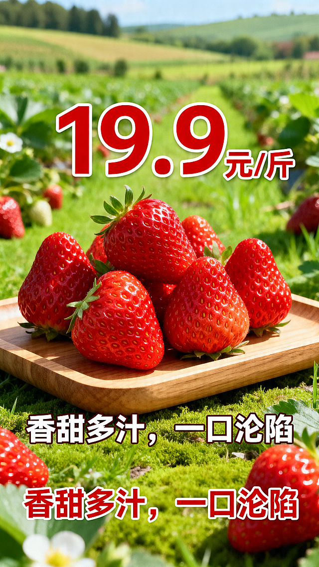 一张草莓营销广告图，画面主体是新鲜诱人的红色草莓放在木质托盘上，背景是清新的绿色田园，包含价格文字"19.9元/斤"，推销词"香甜多汁，一口沦陷"，整体风格明亮诱人，适合促销宣传，文字清晰醒目，色彩鲜艳