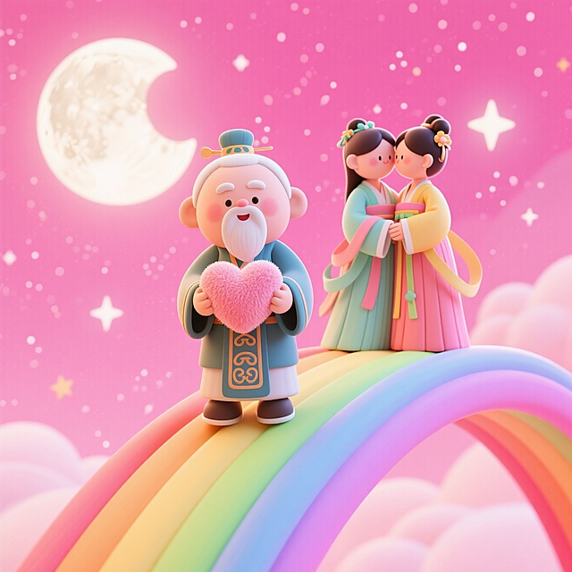 月老怀抱粉绒心站在彩虹桥，古装情侣依偎身旁，粉紫星空下满月皎洁，Q 版形象将七夕的浪漫与童真完美融合。