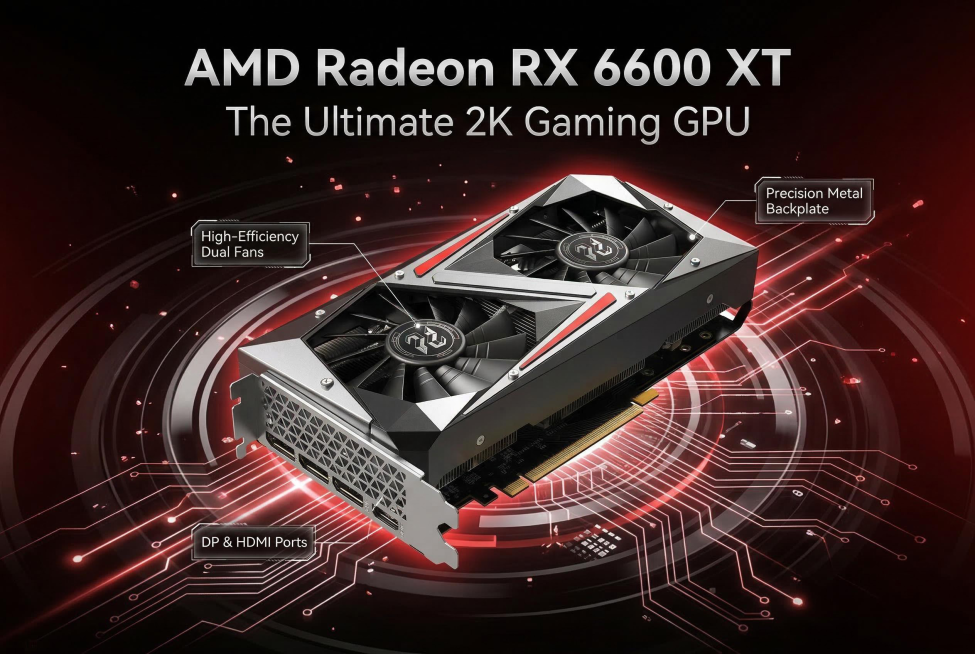 Complete display of RX 6600 XT graphics card, black and red color scheme, centered 45-degree view, b预览效果