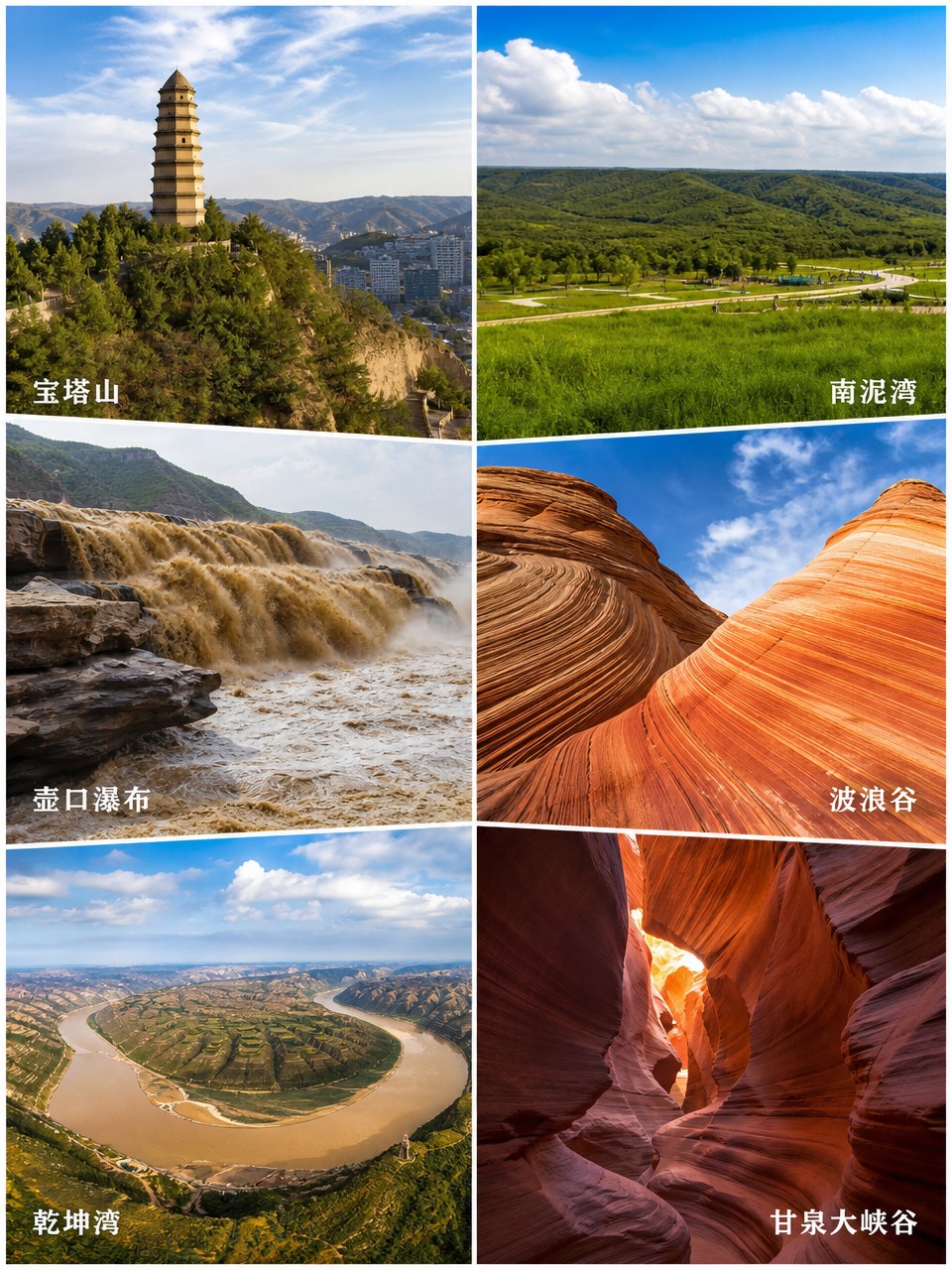 3:4竖版陕北六大景点拼贴图，六张风景照片组合拼贴，分别是宝塔… - 图片创意预览