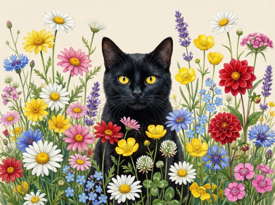 画面中间是一只黑色的猫，眼睛是明亮的黄色，猫咪在花丛中探出头，身体下半部分被花朵遮挡。猫咪被一片野花花海环绕，包含多种色彩鲜艳的花卉：各色雏菊（白、黄、粉、红、蓝）、红色大丽花、黄色毛茛、紫色薰衣草、预览效果