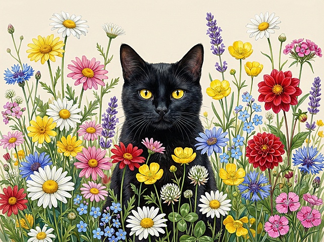 画面中间是一只黑色的猫，眼睛是明亮的黄色，猫咪在花丛中探出头，身体下半部分被花朵遮挡。猫咪被一片野花花海环绕，包含多种色彩鲜艳的花卉：各色雏菊（白、黄、粉、红、蓝）、红色大丽花、黄色毛茛、紫色薰衣草、蓝色勿忘我、白色三叶草、粉色石竹等。花卉高低错落，层次丰富，叶片与茎干细节清晰，营造出自然野趣的花园氛围。背景是柔和的浅米色。风格为超写实水彩/油画质感，融合现代数字绘画技术的艺术插画，光泽细腻呈现，整体画面层次丰富，高清晰度，高清画质，高分辨率，高度详细，细节丰富、色彩鲜艳，整体色彩饱和度高