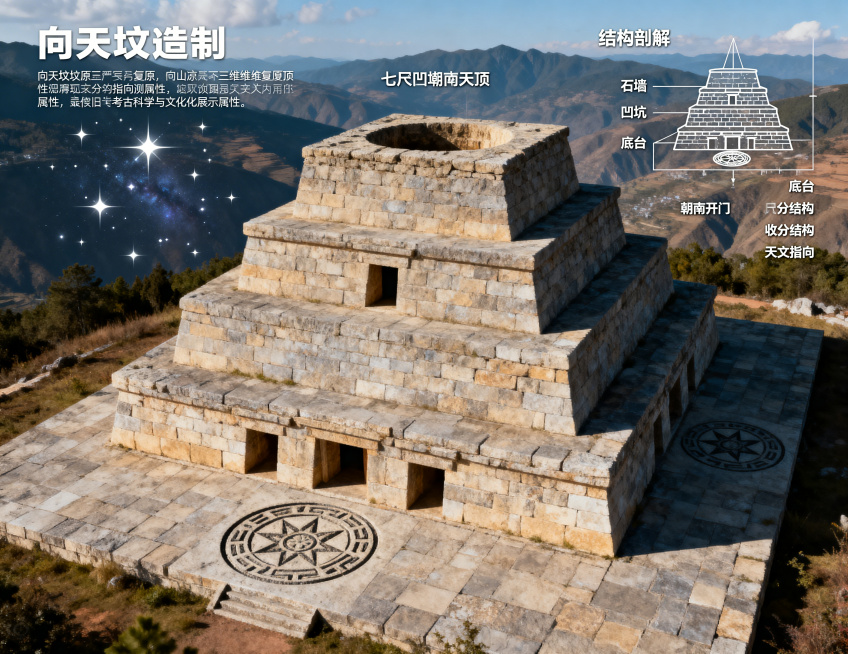 向天坟建筑形制科普展示图，主视觉为向天坟的三维复原模型，清晰呈现三层金字塔式石构外观：三道石墙朝南开门、层层向内收分，顶端展示七尺深凹坑指向天顶的结构，底台特写刻画彝族八角纹图案。旁边配结构剖解示意图预览效果
