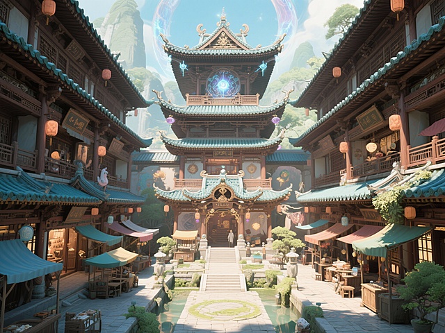 设计一个游戏画风的中式建筑，分三层，有功能区域，要有设计感，加入奇幻元素，画面质感要Blender建模的质感，细节精致，光影明亮。