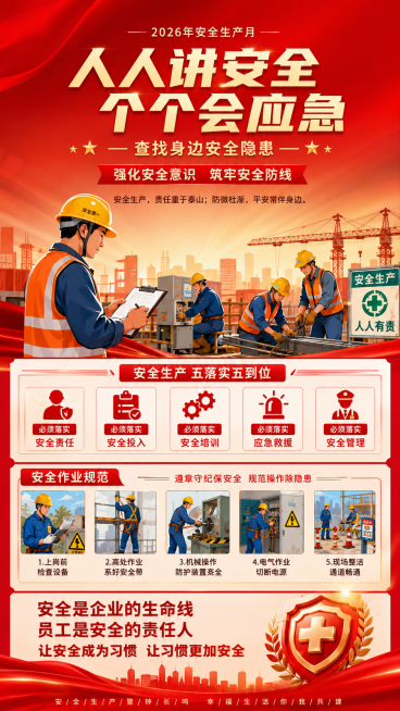 红色系2026年安全生产月高清长图，插画图文结合，主题是企业安全生产和工人安全作业，画面包含工人规范作业场景，配有相关安全标语文字，整体风格积极鲜明，高清画质预览效果