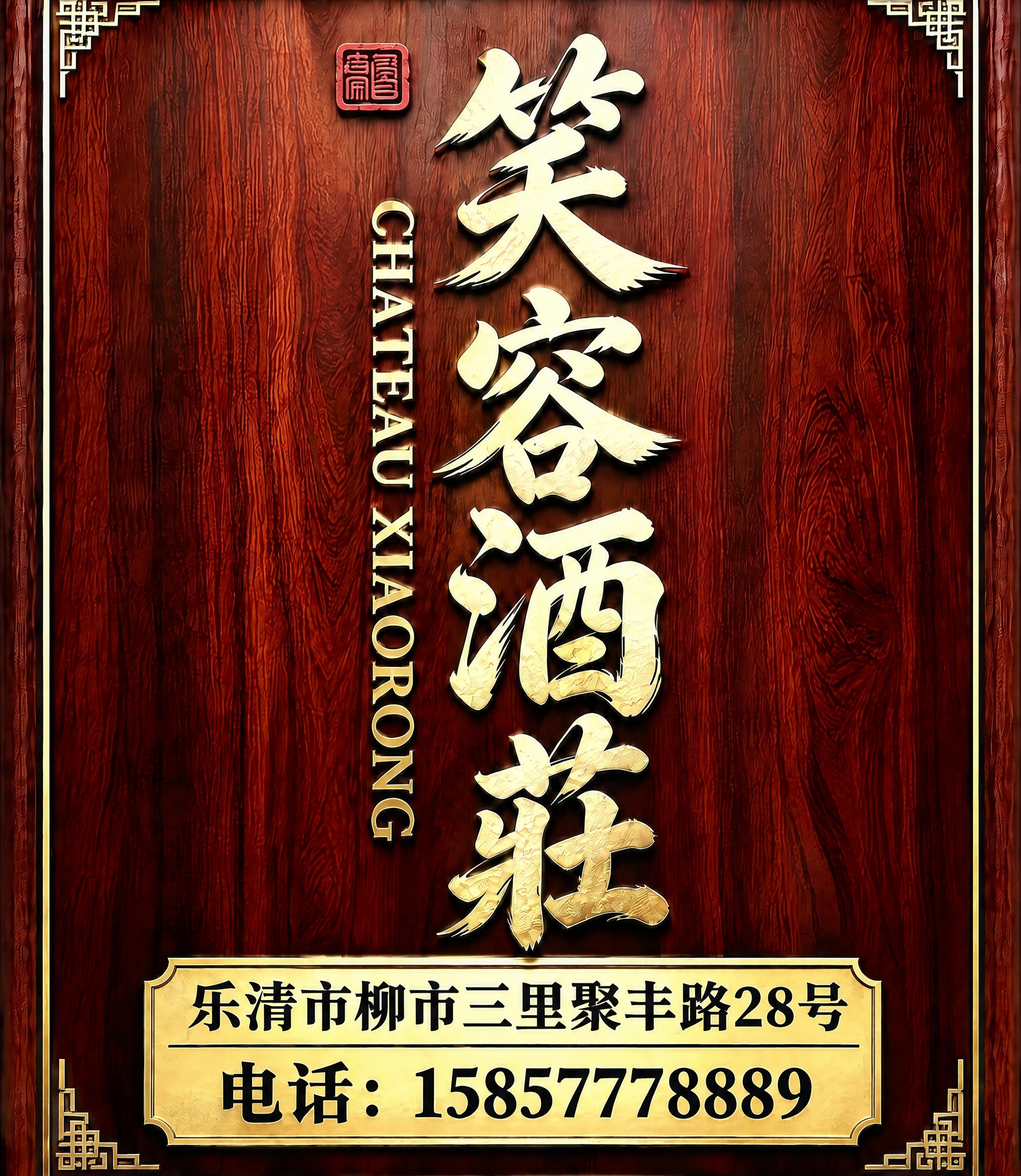 将图片底部金色牌匾中的地址文字修改为“乐清市柳市三里聚丰路28… - 图片创意预览