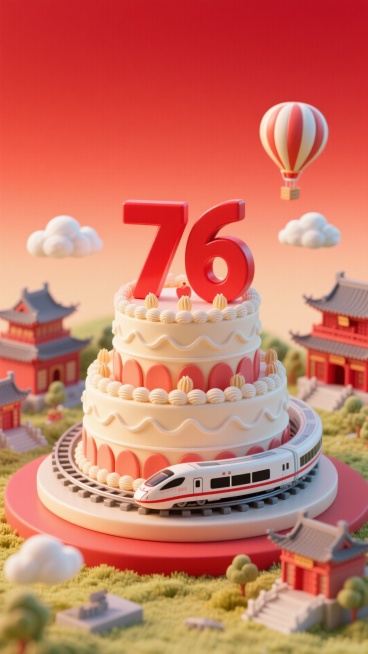 红色渐变背景，精致的多层蛋糕（一层围绕着高铁装饰）上面有红色立体数字”76“，周围古建筑群、热气球、云朵装饰预览效果