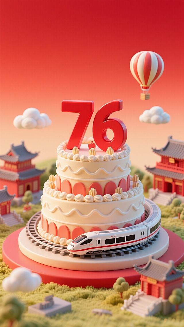 红色渐变背景，精致的多层蛋糕（一层围绕着高铁装饰）上面有红色立体数字”76“，周围古建筑群、热气球、云朵装饰