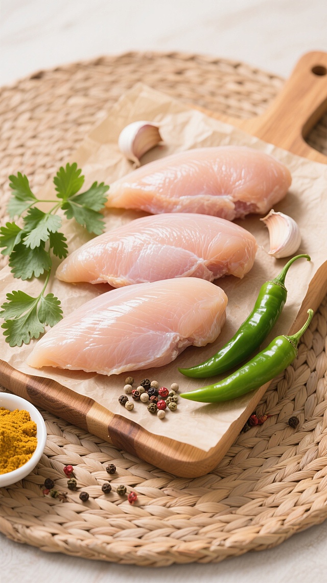 三块新鲜的生鸡胸肉整齐摆放在木质砧板上，肉质呈现自然的粉嫩色泽且富有光泽感，周围环绕着绿色的新鲜香菜叶、切开的蒜瓣、两根青辣椒、散落的各色胡椒粒和香料，旁边还有一小碗黄色的咖喱粉，所有食材置于铺有烘焙油纸的藤编餐垫上，整体采用俯拍构图，光线明亮柔和，营造出温馨的家庭烹饪氛围，色调以食材自然色彩为主，搭配浅色系背景，突出食材的新鲜质感与细节。