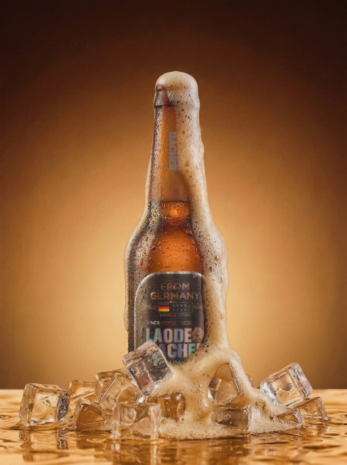 增加沿着冰块流淌的啤酒泡沫量，加深渐变背景顶部的颜色，保持瓶子、冰块位置和整体构图不变，维持小红书竖版尺寸和高级质感预览效果