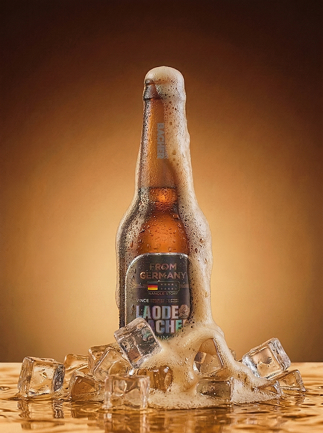 重拟物风啤酒瓶，液态泡沫如雕塑般流淌，金属质感标签搭配冰块与水珠，光影交错中尽显清爽与体积感，营造极致实景体验。