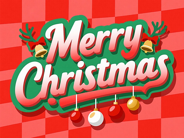 绿边、红白色渐变艺术字 “Merry Christmas”，有立体感，点缀鹿角、红色蝴蝶结铃铛装饰，下方悬挂几个红、白、金圣诞球。红色格纹背景