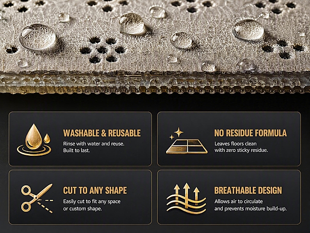 Amazon Premium A+ mobile features and material page, 4:3 ratio, completely redesigned. Top half shows extreme macro close-up of the gripper pad surface - you can see the individual perforated holes, the fabric weave texture, and the adhesive layer edge. Water droplets beading on surface to show water-resistant property. Bottom half has four feature cards arranged in 2x2 grid, each with icon and short English text: 1) 'Washable & Reusable' with water drop icon, 2) 'No Residue Formula' with clean floor icon, 3) 'Cut to Any Shape' with scissors icon, 4) 'Breathable Design' with air flow icon. Dark charcoal gray background with warm gold accent highlights on product. Premium tech-product style photography, dramatic lighting, razor sharp focus on texture details. High-end product showcase aesthetic. English text only, no logos, no brand names, no Chinese.