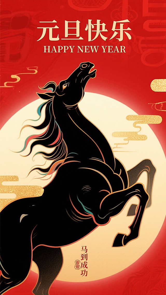 背景换成红色的风格，有新年的气息，将马换成黑马，然后黑马向上仰