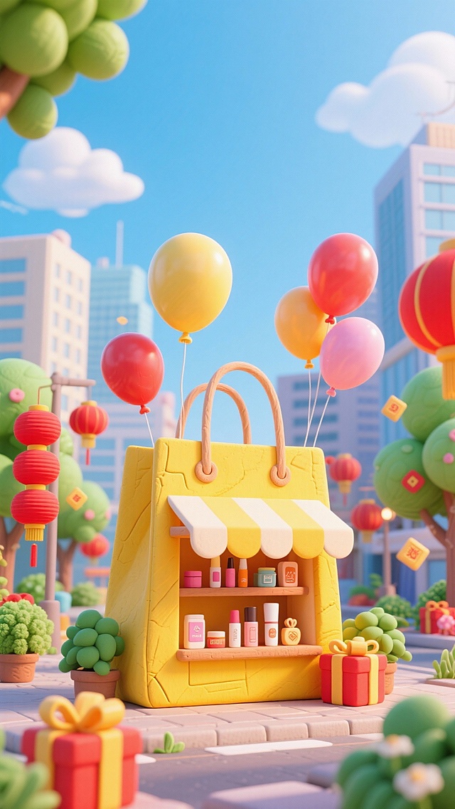 黄色大型购物袋内部模拟出带遮阳篷的小商铺，展示着化妆品等商品。周围点缀绿植、放飞各种形状的气球、礼物盒，背景是清新明亮的城市建筑群与蓝天。整体突出春节的喜庆氛围。