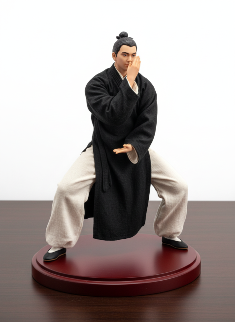 将这个图片制作成一个商业化1/7比例手办，风格写实，环境逼真。黑衣白裤，白色背景。手办放置在木桌上，配有一个红木底座，底座上没有文字。预览效果