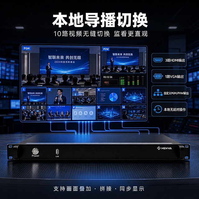 [商品] 使用【图1】HENVA录播服务器HW-LBS6，正面角度为主，微微侧转；保留黑色金属机身、1U结构、正面Power按钮/USB/HENVA Logo、颜色材质与比例，不改变产品结构。
[画面] 第3张功能实测页，目标展示本地导播画面切换的直观性与专业性；产品位于画面下方约1/3处，呈1U机架卧式摆放；画面上方模拟导播监看界面，展示1路主监大屏+1路预监小屏+多路缩略画面的导播布局，用蓝色光效连线连接产品输出接口与监看画面；背景为深色科技控制室氛围，有微弱的控制台元素。
[视觉] 套系策略：风格=京东数码黑蓝科技商务风；标题字=现代无衬线粗黑体；正文字=简洁无衬线中黑体；主色=深邃炭黑；背景延展=基于炭黑做深浅层级渐变、科技网格纹理、蓝色数据光效点缀；强调色=科技亮蓝，仅用于小面积图标、引线、数据光效和标签高亮；标题色=纯白；正文色=浅灰蓝；组件=细线圆角信息卡、蓝色发光引线、科技感数据标签；光影=上方冷调柔光+屏幕蓝色发光映照产品，营造导播室真实感。
[文字] 顶部主标题「本地导播切换」，副标题「10路视频无缝切换 监看更直观」；画面右侧竖排4个输出方式信息点：「3路HDMI输出」「1路VGA输出」「自定义PGM/PVW输出」「本地无延时操作」；底部小字标注「支持画面叠加·拼接·同步显示」；文字均横排，不遮挡产品主体和监看画面核心区域。
[规格] 图片比例1:1方版，4K分辨率，避免变形、错字、文字过小、红色元素、暖色背景、产品结构失真。