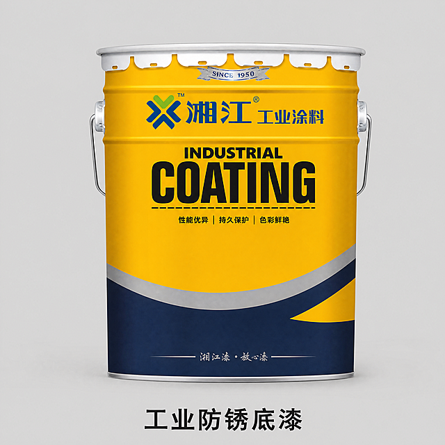 [主图-6]湘江工业涂料底漆SKU展示
氛围风格：简洁清晰，方便选型
画质：商业摄影质感，光线均匀通透，产品清晰真实，画面干净高级
元素：保持湘江工业涂料桶外观与输入产品图绝对一致，展示底漆款产品，背景浅灰干净，下方标注产品名称"工业防锈底漆"，仅展示产品和名称，无多余卖点。画面居中，产品占比约70%，满屏无边框。
光影：均匀正面打光，产品清晰突出
配色：保持原产品黄蓝配色，浅灰背景干净简洁
视角构图：正面平视居中构图，产品完整展示
文字版式：底部居中标注产品名称，字体清晰醒目
比例分辨率：1:1比例，4k分辨率，文字清晰可辨，超高清。
负向提示词：变形，水印，文字错乱，产品图模糊，背景杂乱，文字遮挡主体