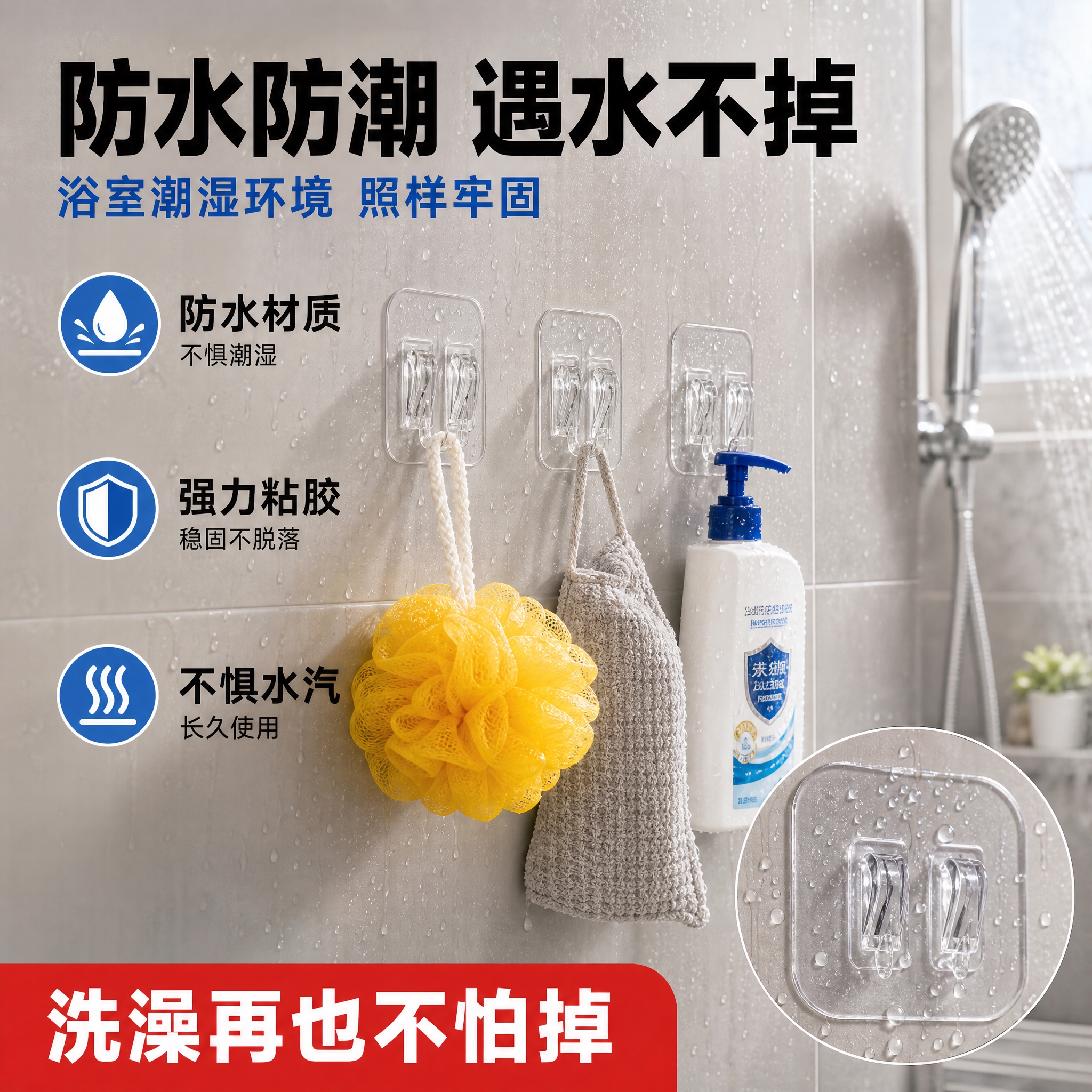 [主图-3] 浴室场景图，突出防水防潮、遇水不掉的卖点，展示潮… - 图片创意预览