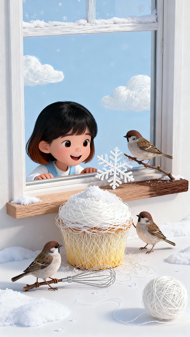 冬日清晨的窗台上，几只小麻雀成立了一个“迷你烘焙社”。它们用捡来的瓶盖当煎锅，用细树枝当搅拌器，正合作制作一片“雪花松饼”。一只麻雀奋力拖着比它还大的砂糖粒，另一只则试图把一片完整的六角雪花轻轻盖在松饼上，当作最完美的糖霜。窗内，一个小女孩正趴在玻璃上，笑着看它们的工程。