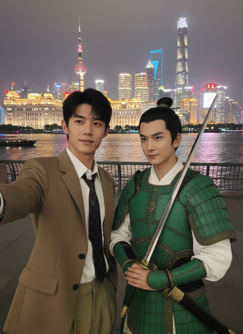 帮图1男生生成一张和图2人物在上海外滩的自拍合照，图2的人物要真实服装不变，图片要求真实感强，细节丰富，一张非常真实的合照预览效果