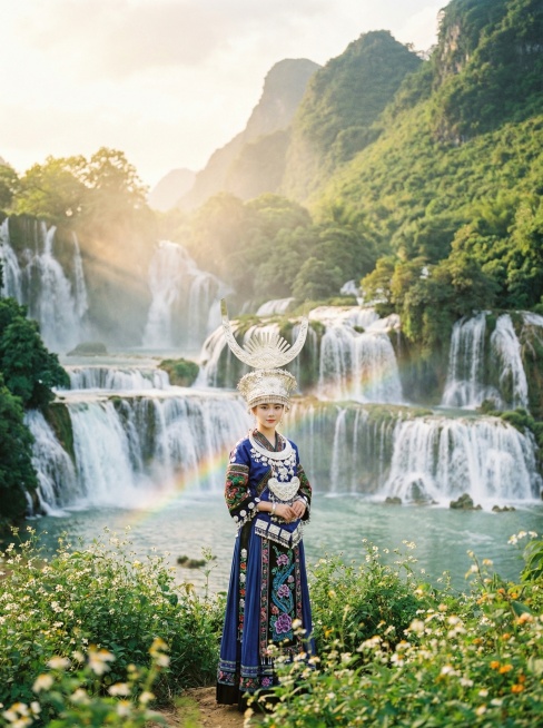 身穿广西壮族服饰的美女，在壮观的德天瀑布前，整体画面梦幻唯美，色调清新明媚，预览效果