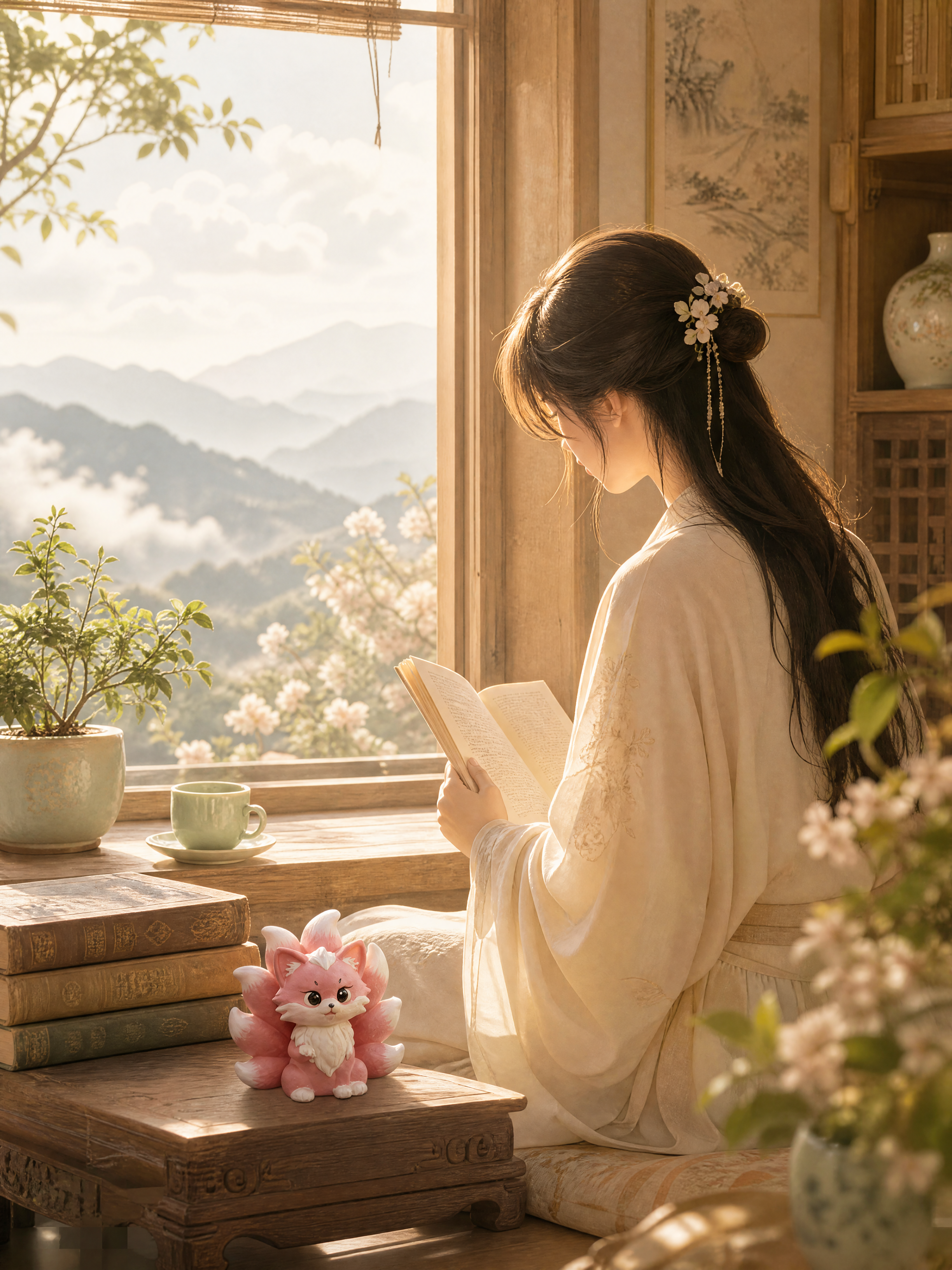 国风治愈场景，一位身着素色汉服的女子侧坐在古雅的窗边木榻上，侧… - 图片创意预览