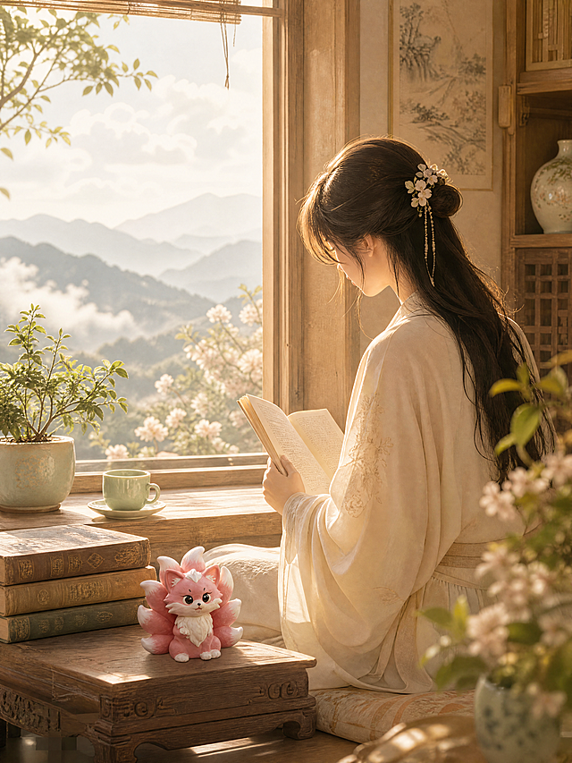 国风治愈场景，一位身着素色汉服的女子侧坐在古雅的窗边木榻上，侧身低头安静地看书，姿态温婉柔美，不露出正脸。她身旁的木桌上放着一只小巧的粉色九尾狐陶瓷摆件，造型参考第二张图：粉白相间，九条蓬松尾巴，大眼睛可爱模样，摆件尺寸小巧精致，不要过大。整体色调参考第三张图的暖米黄色调，温馨柔和。窗边有绿植、古书籍、青瓷茶杯，窗外是朦胧的远山和飘云，阳光柔和地洒入室内，营造温暖治愈的氛围。国风工笔与写实结合的风格，画面雅致宁静，充满东方韵味，景深效果，画面干净无文字水印