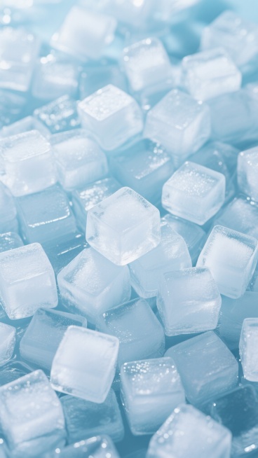 俯视视角下，大量常规小冰块错落有致地铺满整个画面，多层堆叠形成自然的层次感，冰块表面晶莹剔透，折射出冷冽的光泽，整体营造出清凉一夏的氛围，画面简洁纯净，色调以透明感的白色和淡蓝色为主预览效果