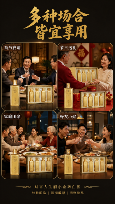 [第6屏] 适用场景推荐，财富人生酒小金砖白酒。本屏使用【图5】作为产品参考
[氛围/风格] 多场景拼接展示，氛围温馨大气，符合中国人情社交需求
[元素布局] 画面采用2×2圆角拼图布局，四个场景分别预览效果