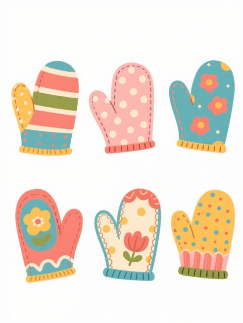 手绘风格的6只不同款式、不同类型、不同样式的手套，白色背景，排列整齐，每只手套都有独特的图案和颜色搭配，包括条纹、波点、花朵等元素，手套的边缘有精致的缝线细节，整体呈现出温暖可爱的氛围，色彩鲜艳明快，线条流畅自然，具有卡通插画的质感。预览效果