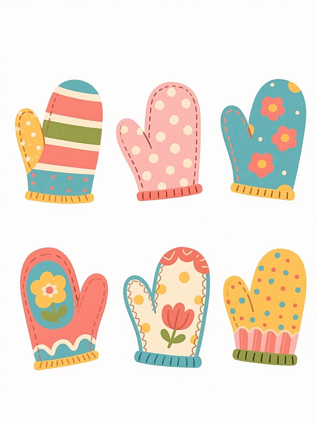 手绘风格的6只不同款式、不同类型、不同样式的手套，白色背景，排列整齐，每只手套都有独特的图案和颜色搭配，包括条纹、波点、花朵等元素，手套的边缘有精致的缝线细节，整体呈现出温暖可爱的氛围，色彩鲜艳明快，线条流畅自然，具有卡通插画的质感。