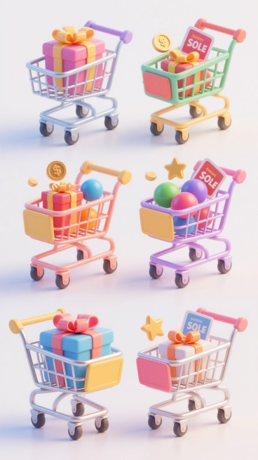 六个不同外观、色彩、风格的购物车整齐排列，每个购物车都有独特设计，包含礼物盒、彩色球体、金币、星星、销售卡片等元素，整体采用3D立体风格，色彩鲜艳明快，光影柔和，具有卡通可爱的质感，背景为纯白色，突出购物车主体，营造出欢快的购物氛围预览效果