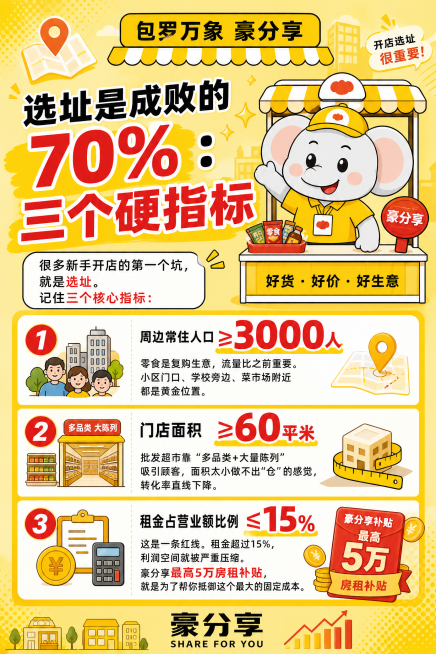 竖版开店选址科普招商图文，整体黄色主题，参考图中大象摊位卡通形象，调整大象为黄色衣服、正常肤色皮肤，保留原可爱招手设计，主标题："选址是成败的70%：三个硬指标"，完整包含文案："很多新手开店的第一个预览效果